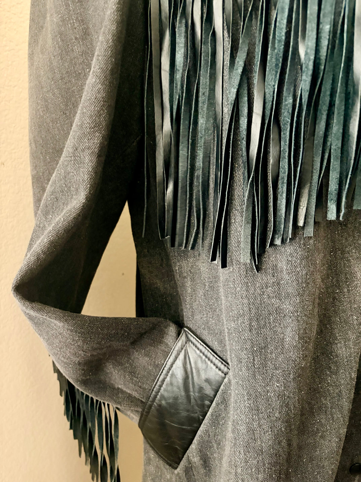 90’s Vintage Diamond Denim & Leather Fringe Duster-Men’s Large