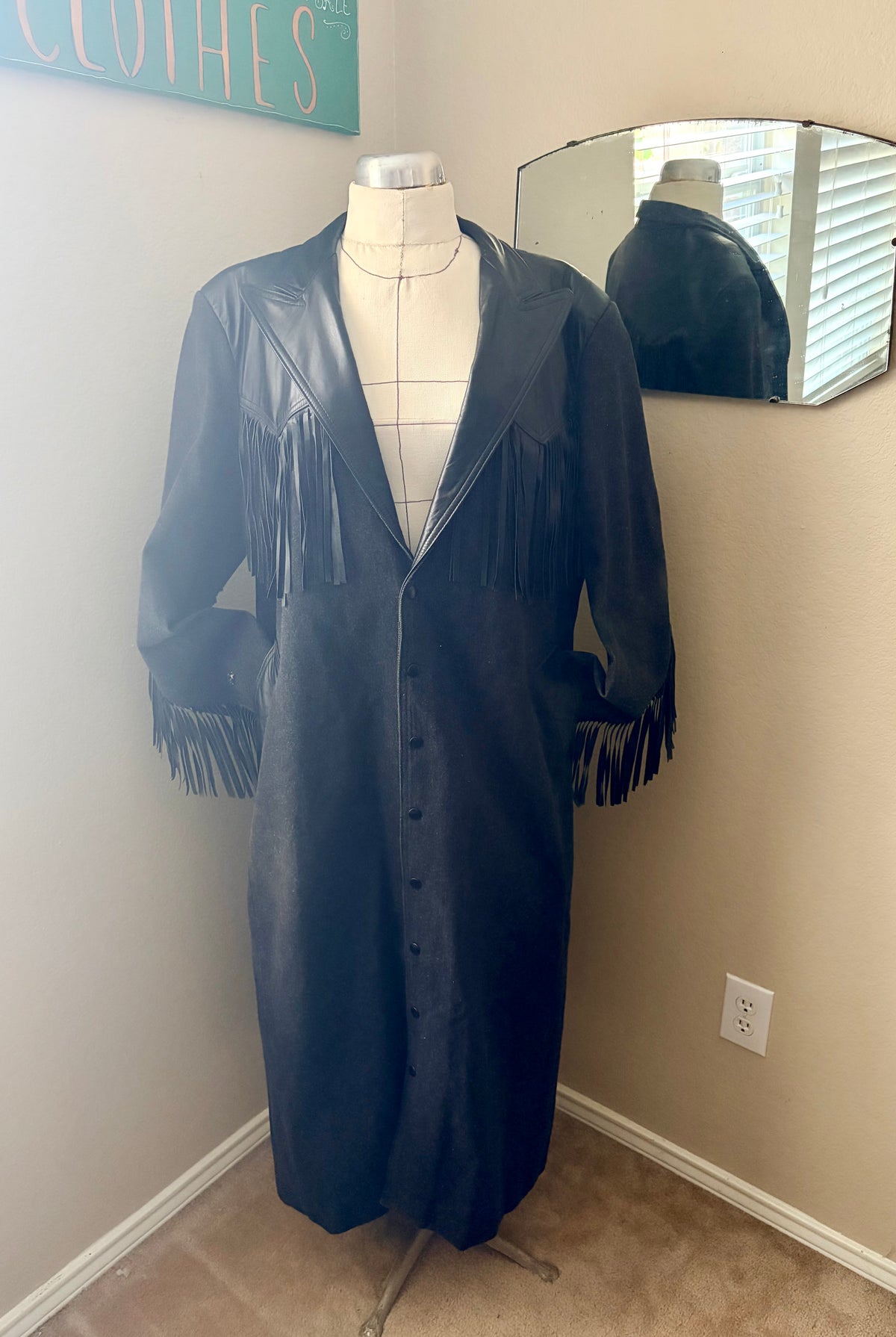 90’s Vintage Diamond Denim & Leather Fringe Duster-Women’s Medium