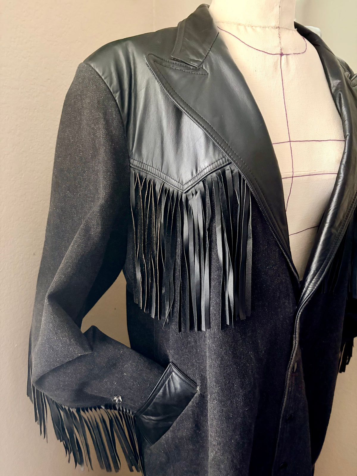 90’s Vintage Diamond Denim & Leather Fringe Duster-Women’s Medium