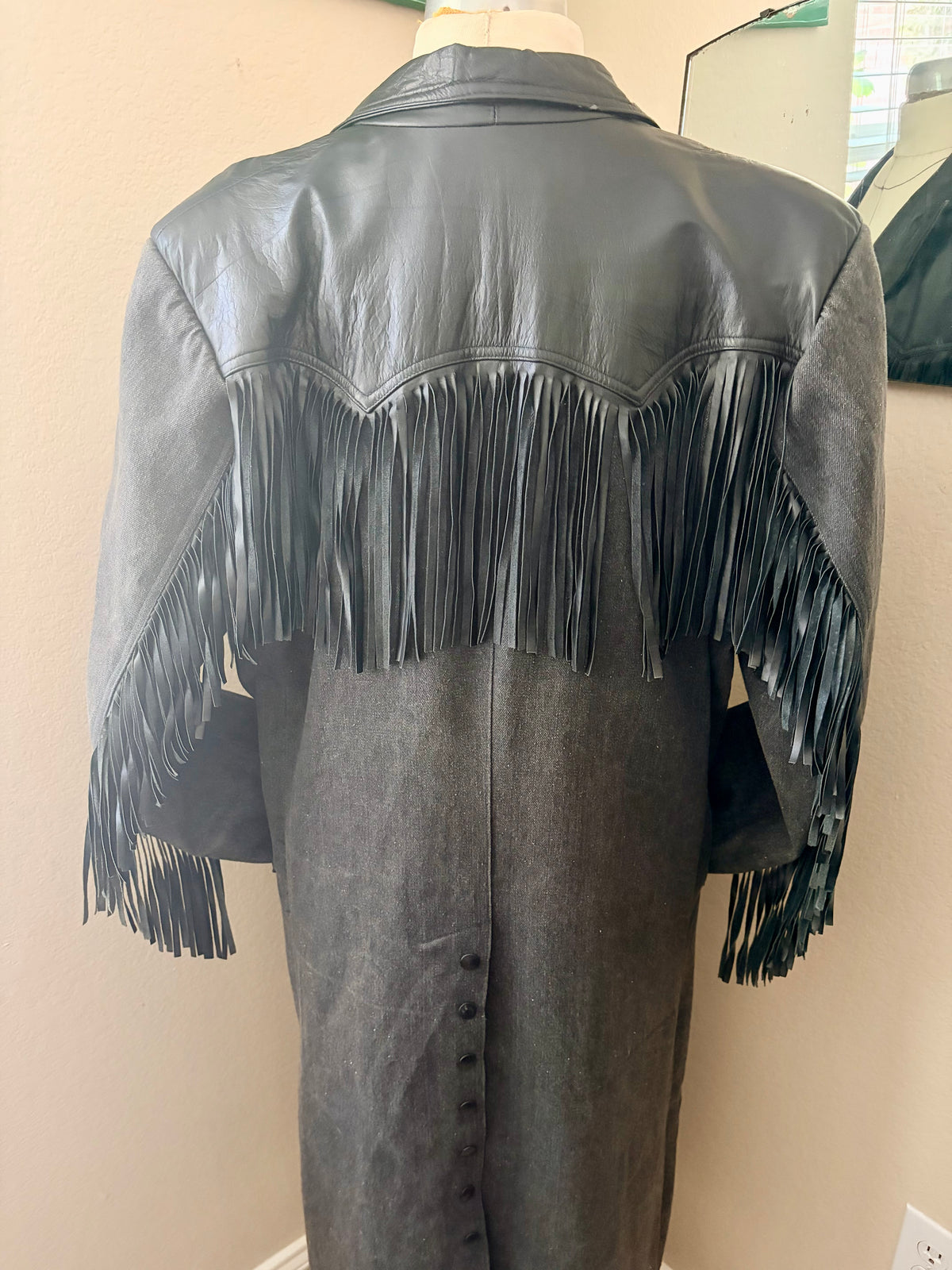 90’s Vintage Diamond Denim & Leather Fringe Duster-Men’s Large