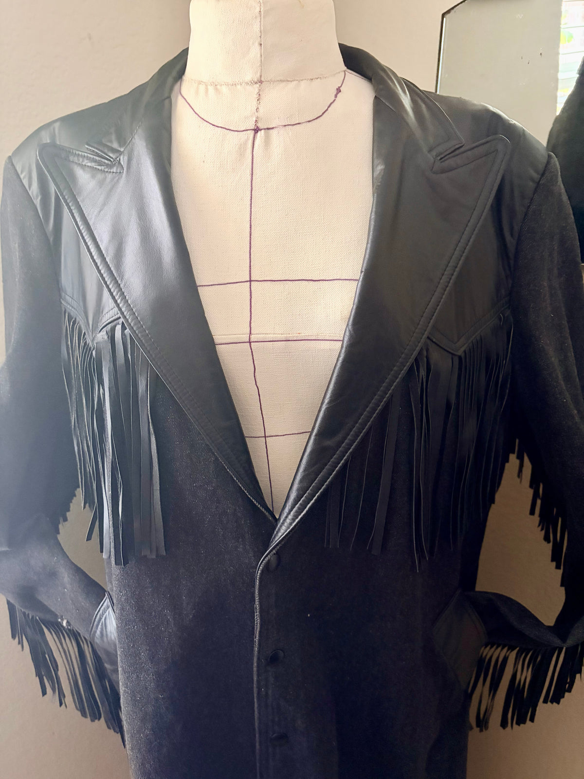 90’s Vintage Diamond Denim & Leather Fringe Duster-Women’s Medium