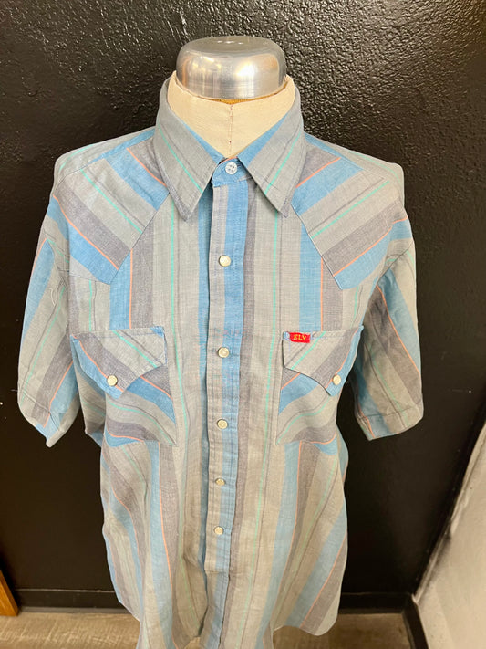 Vintage Ely Plains Gray & Blue Pearl Snap