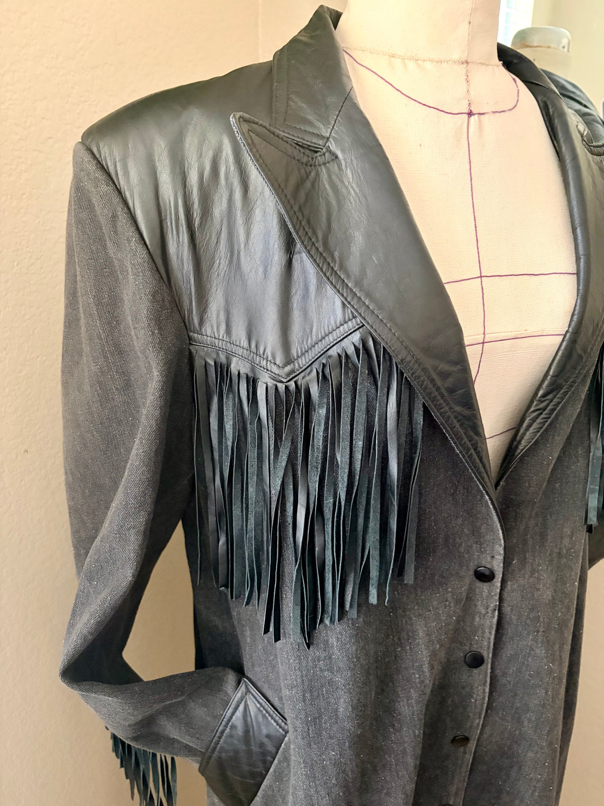 90’s Vintage Diamond Denim & Leather Fringe Duster-Men’s Large