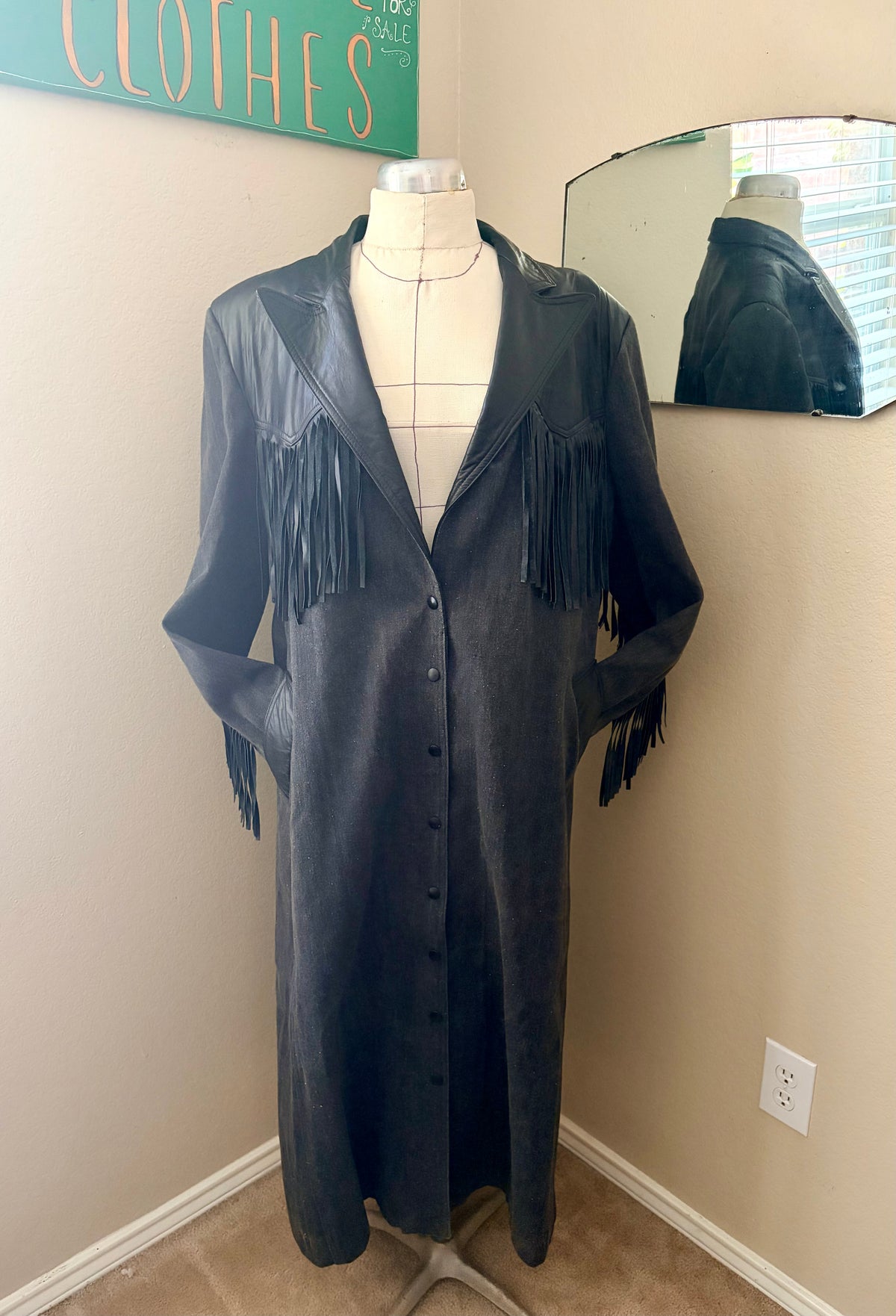 90’s Vintage Diamond Denim & Leather Fringe Duster-Men’s Large