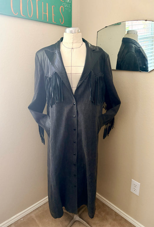 90’s Vintage Diamond Denim & Leather Fringe Duster-Men’s Large