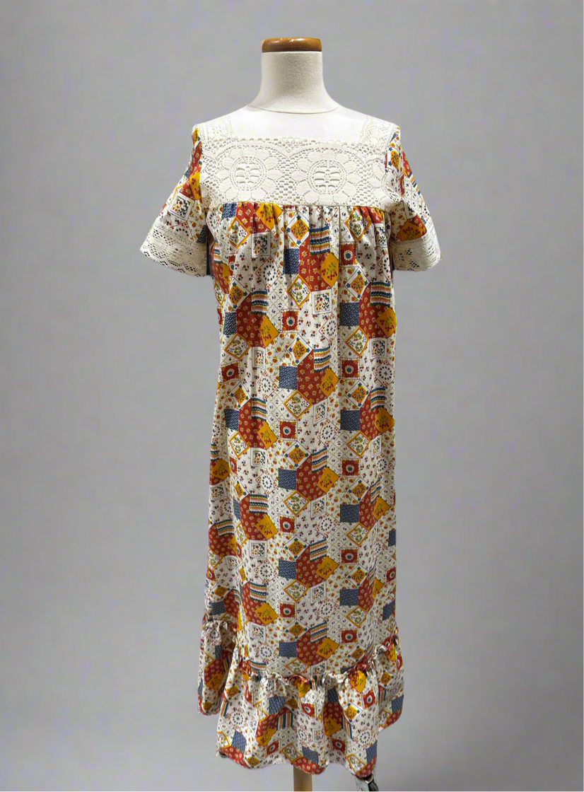 Vintage 70's Patchwork Lace Yolk Dress