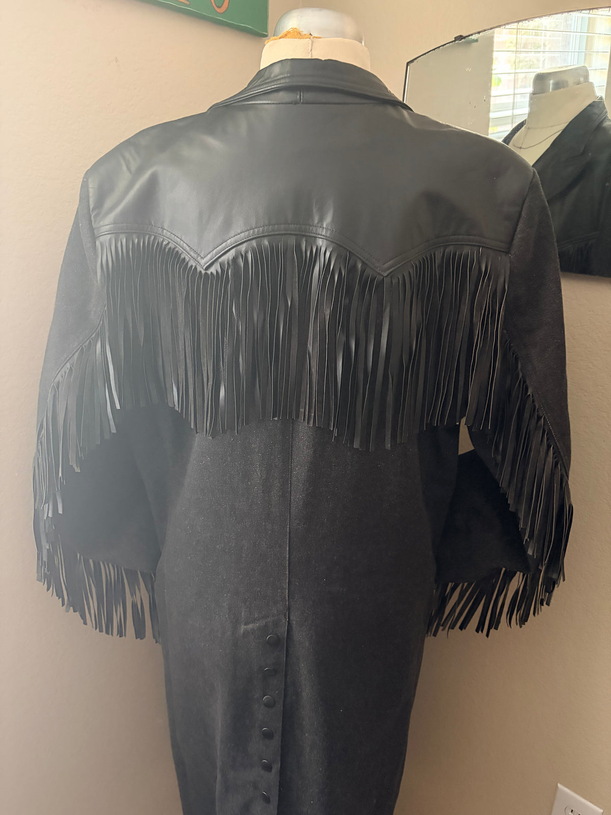90’s Vintage Diamond Denim & Leather Fringe Duster-Women’s Medium
