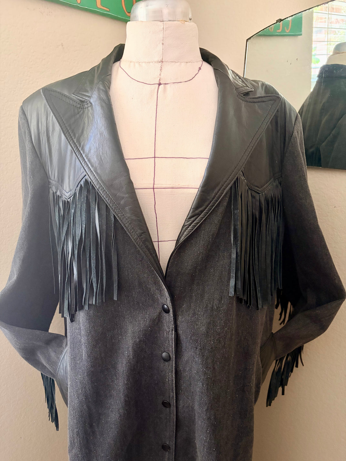 90’s Vintage Diamond Denim & Leather Fringe Duster-Men’s Large