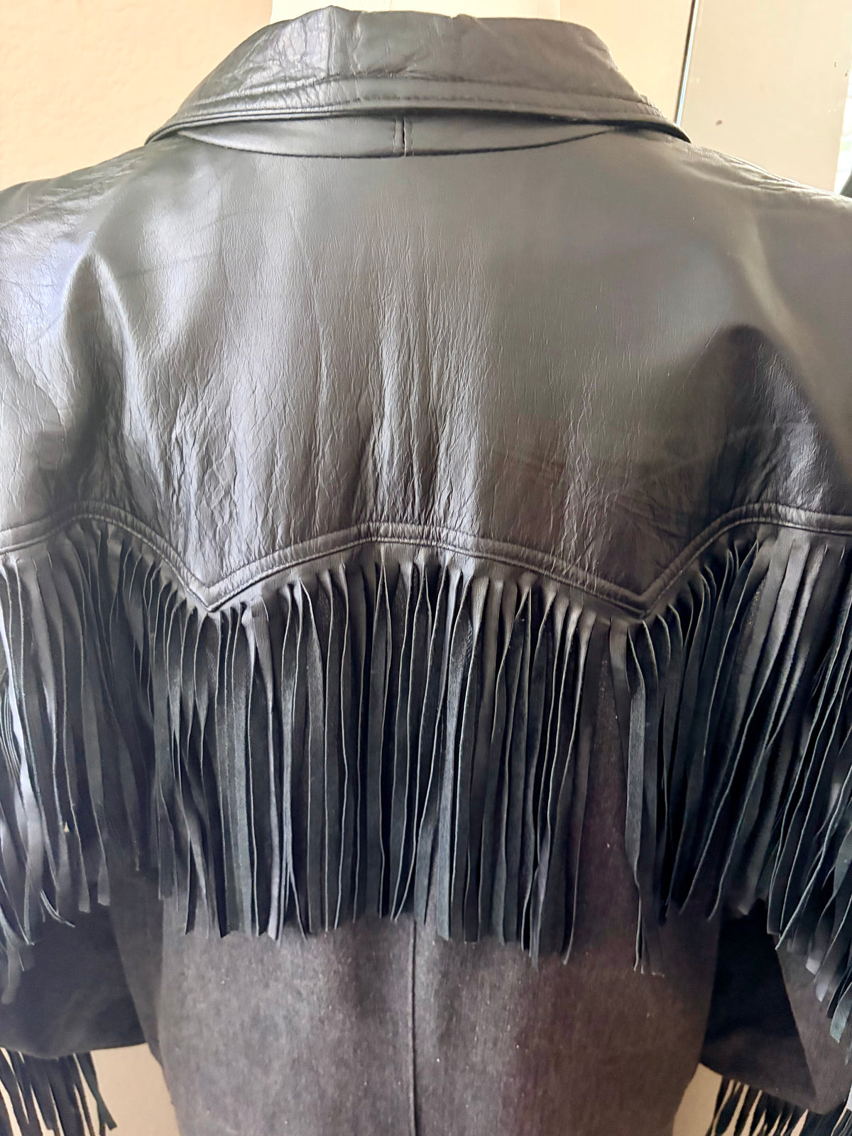 90’s Vintage Diamond Denim & Leather Fringe Duster-Men’s Large