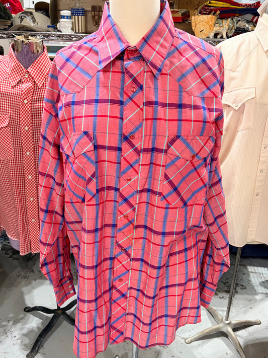 1980s Rustler X-Long Tails Pink Plaid Pearl Snap